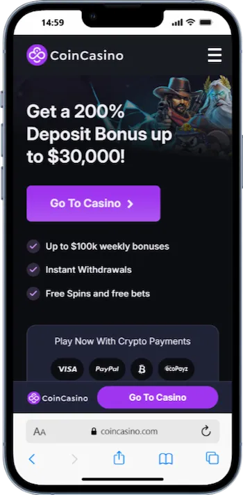 Skärmbild av CoinCasino på mobiltelefon