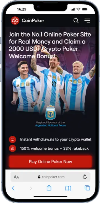Skärmbild av CoinPoker på mobiltelefon