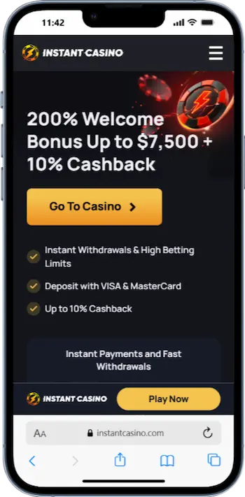 Skärmbild av Instant Casino på mobiltelefon