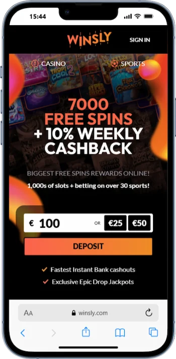 Skärmbild av Winsly Casino på mobiltelefon