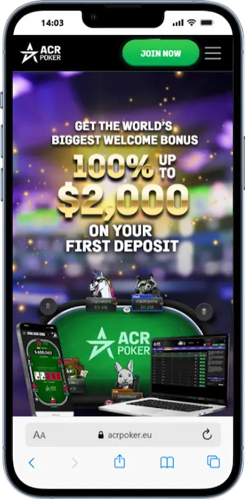 Skärmbild av ACR Poker på mobiltelefon