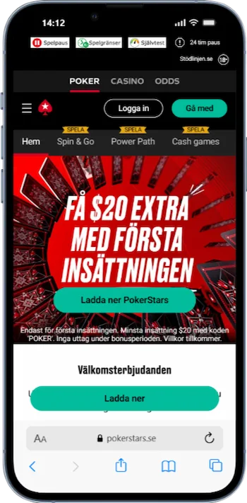 Skärmbild av PokerStars på mobiltelefon