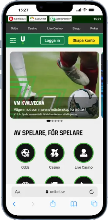 Skärmbild av Unibet på mobiltelefon