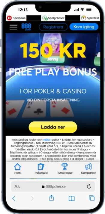 Skärmbild av 888poker på mobiltelefon