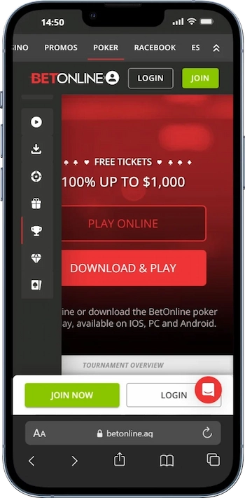 Skärmbild av BetOnline Poker på mobiltelefon