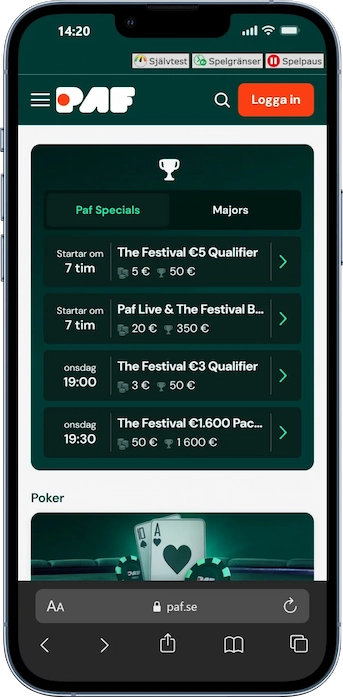 Skärmbild av Paf Poker på mobiltelefon