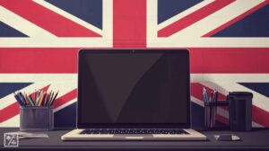 Betting sites not on gamstop for UK players. An open laptop on a desk in front of a union jack background