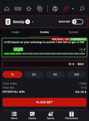 Parlays betslip screenshot