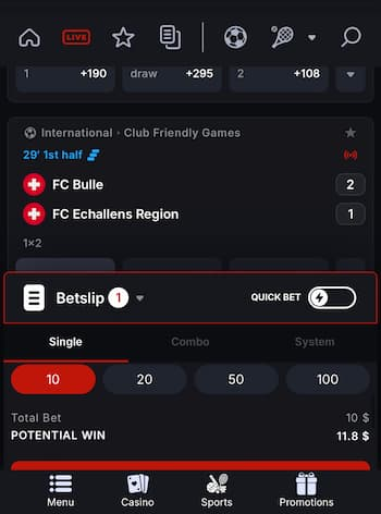 Live betting betslip