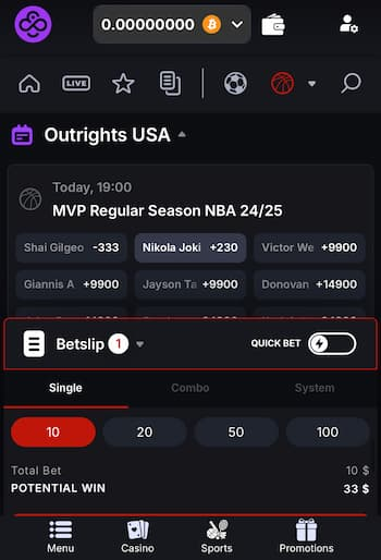 Outright betslip