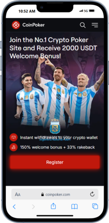 CoinPoker best pokerstars alternative for crypto, shown on mobile with Argentina national team and welcome bonus offer.