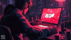 Person playing best omaha poker online on his laptop