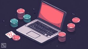 online poker laptop with Texas Hold'em poker chips