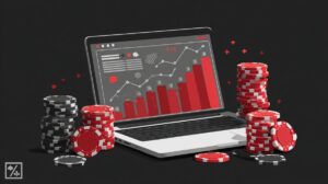 poker chips and laptop with upwards bonus graphic