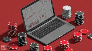 Poker chips and laptop with graphs and poker analysis