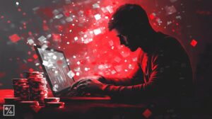 man playing poker on laptop with anonymous, blacked out face and figure