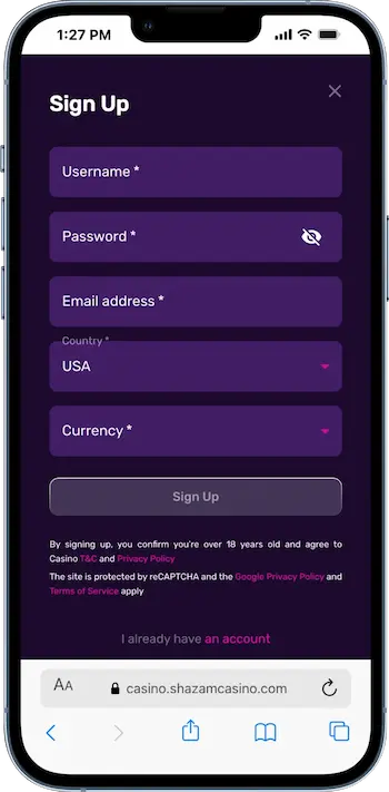 shazam casino register