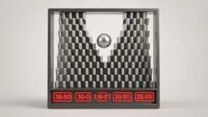 Plinko casino game board with falling ball through geometric pegs and lit multiplier slots