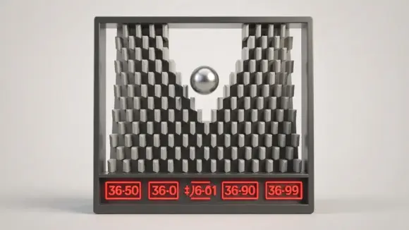 Plinko casino game board with falling ball through geometric pegs and lit multiplier slots