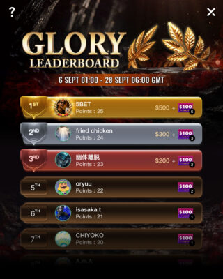 KKPoker GLORY MTT Leaderboard September promotion