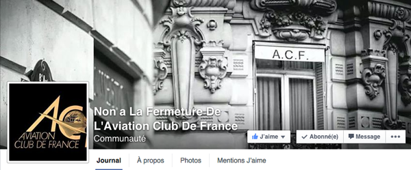La page Facebook en soutien à l'Aviation Club de France