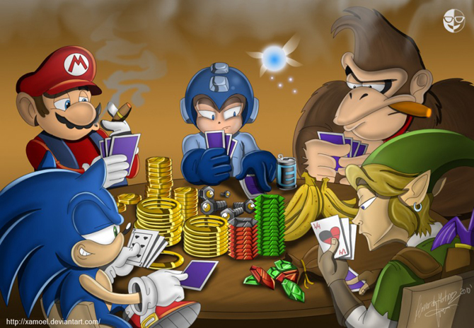 sonic mario jouant au poker