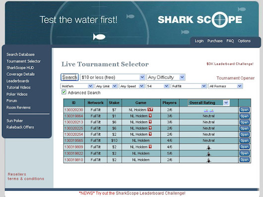 Page d'accueil de Sharkscope