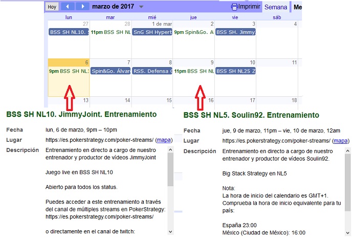 Calendario de entrenamientos Horario de los entrenamientos