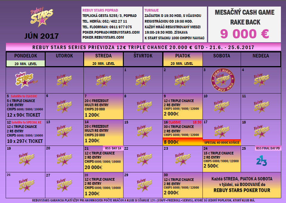 Harmonogram na czerwiec 2017 roku - Rebuy Stars Poprad harmonogram, czerwiec, Rebuy Stars Poprad